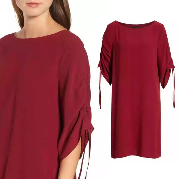 Eileen Fisher 100% Silk Ruched Sleeve Shift Dress In Dark Tulip S Burgundy $378 - Picture 3 of 15